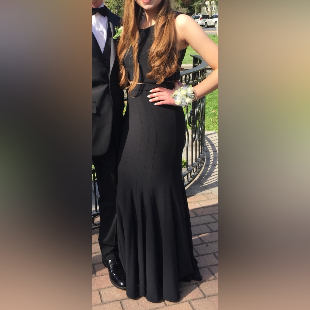 Elegant Black Evening Gown Prom with sexy mesh cut out, size 8 Betsy & Adam